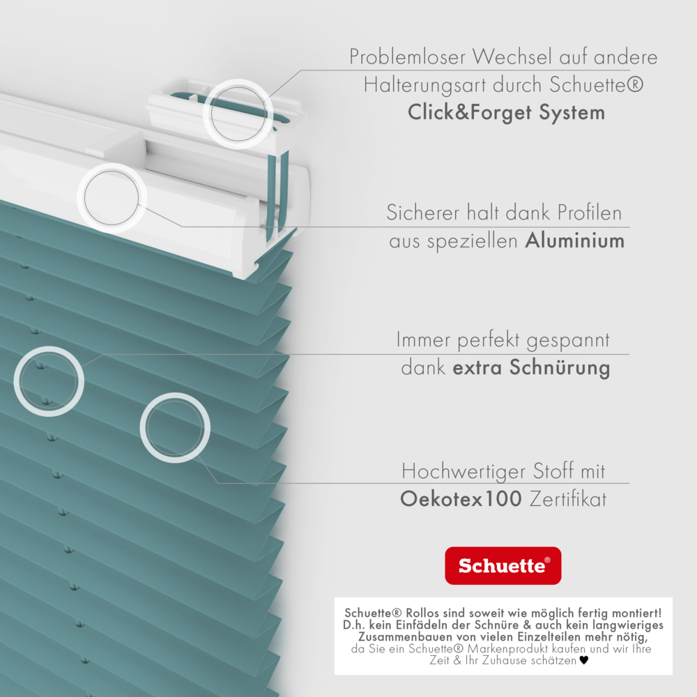 Schuette® Plissee mit Bohren nach Maß • Suprafix Halterungen “Mit Bohren” • Premium Kollektion: Cove Calm (Taubenblau) • Profilfarbe: Eiche