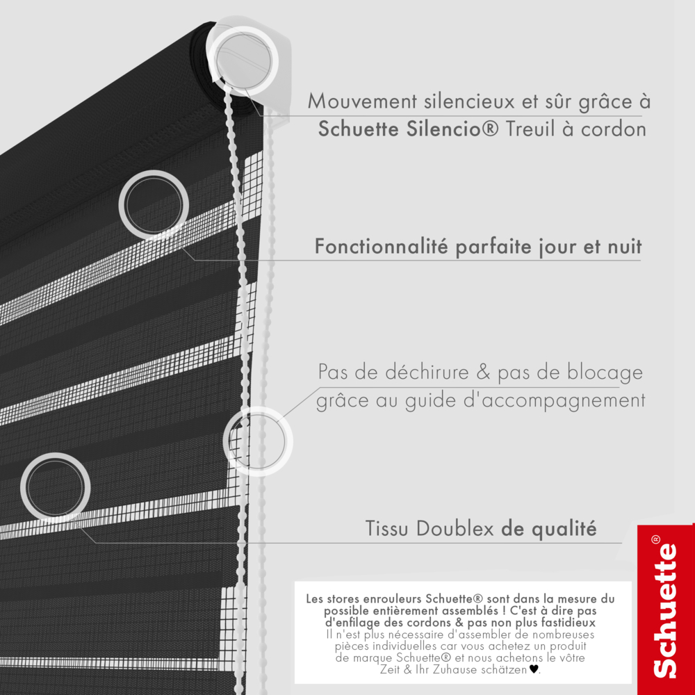 Schuette® Tag und Nacht Rollo ohne Bohren & mit Bohren 2in1 nach Maß • Doppelrollo Kollektion: Black Flag (Schwarz) • Profilfarbe: Grau