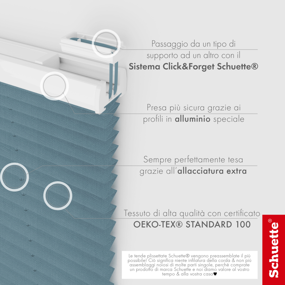 Schuette® Plissee mit Bohren nach Maß • Suprafix "Double 2in1" Schraub- & Klemmhalter • Melange Kollektion: After Rain (Blau) • Profilfarbe: Braun