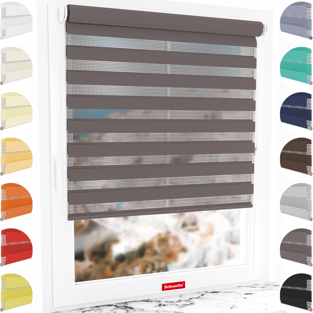 Schuette® Tag und Nacht Rollo ohne Bohren & mit Bohren 2in1 nach Maß • Doppelrollo Kollektion: Grey Lead (Grau) • Profilfarbe: Weiß