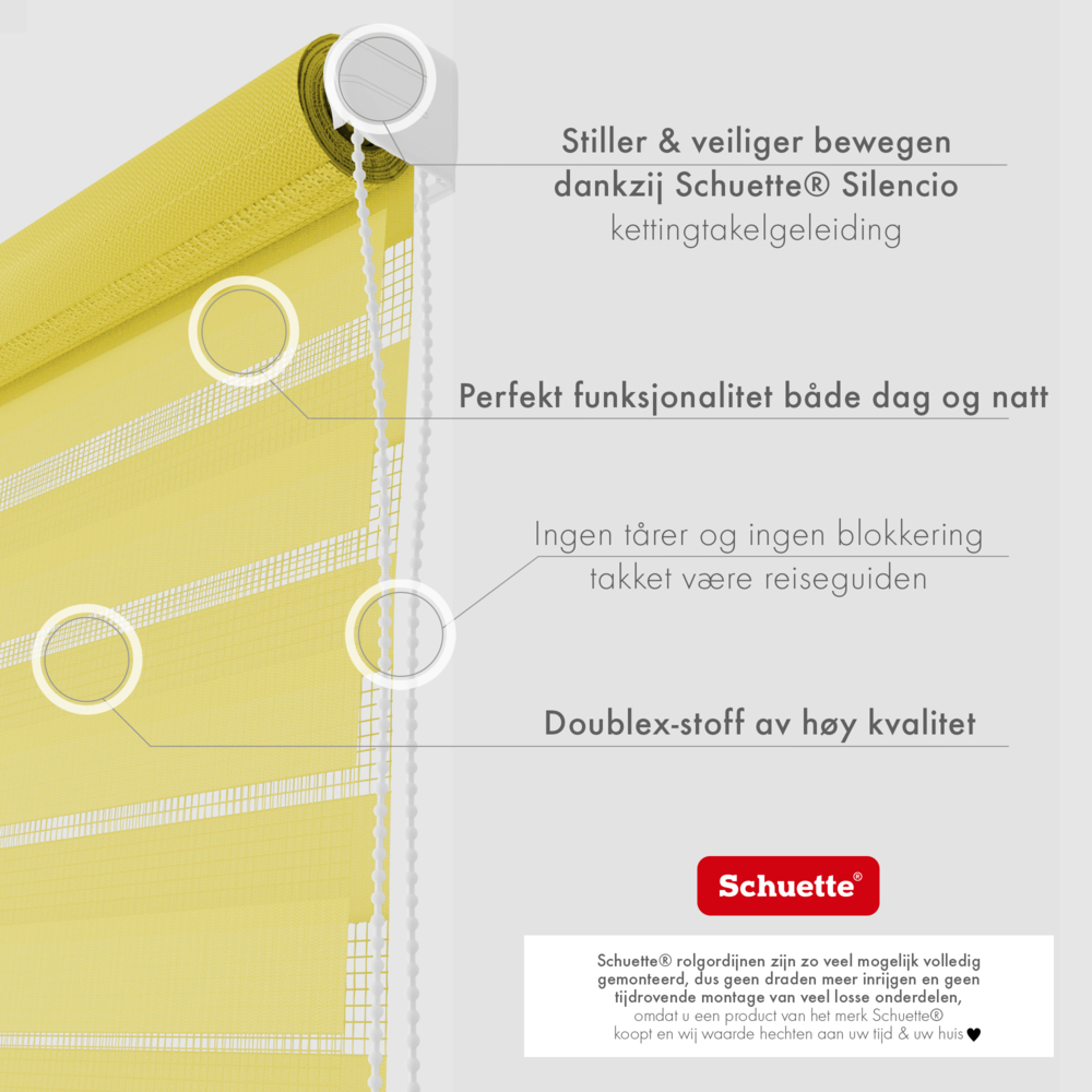 Schuette® Tag und Nacht Rollo ohne Bohren & mit Bohren 2in1 nach Maß • Doppelrollo Kollektion: Sour Lime (Gelb) • Profilfarbe: Braun