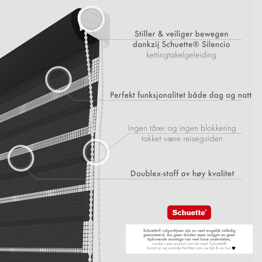 Schuette® Tag und Nacht Rollo ohne Bohren & mit Bohren 2in1 nach Maß • Doppelrollo Kollektion: Black Flag (Schwarz) • Profilfarbe: Grau