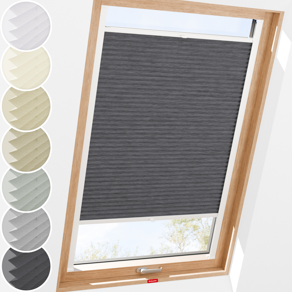 Schuette® Dachfenster Plissee nach Maß • Dolomite Kollektion: Dark Vintage (Grau) • Profilfarbe: Weiß