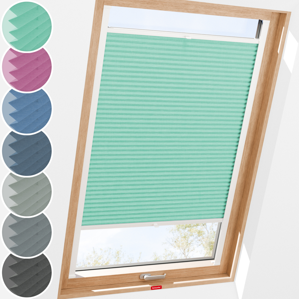 Schuette® Dachfenster Plissee nach Maß • Melange Kollektion: Mint Ice Cream (Grün) • Profilfarbe: Braun