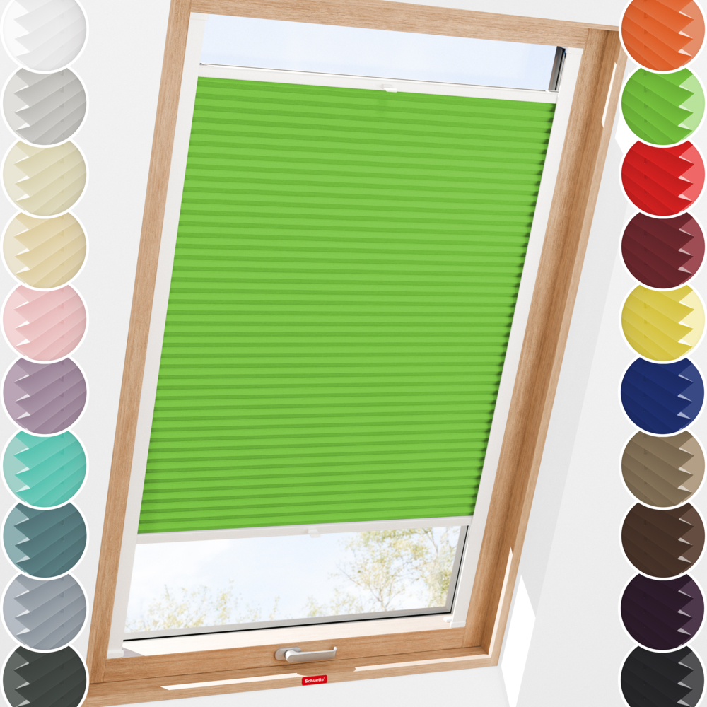 Schuette® Dachfenster Plissee nach Maß • Premium Kollektion: Green Meadow (Grün) • Profilfarbe: Braun