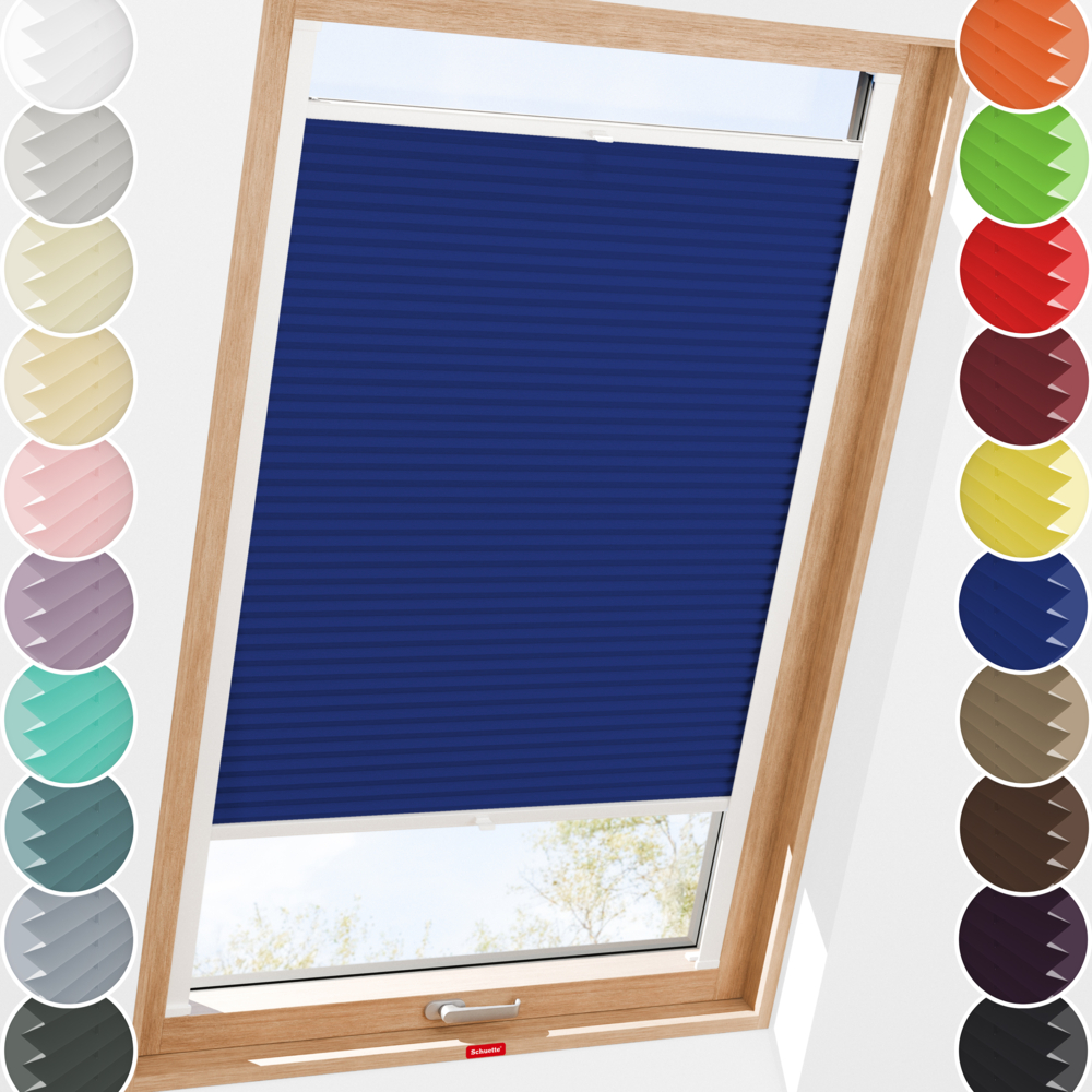 Schuette® Dachfenster Plissee nach Maß • Thermo Kollektion: Wave Waltz (Blau) • Profilfarbe: Walnuss