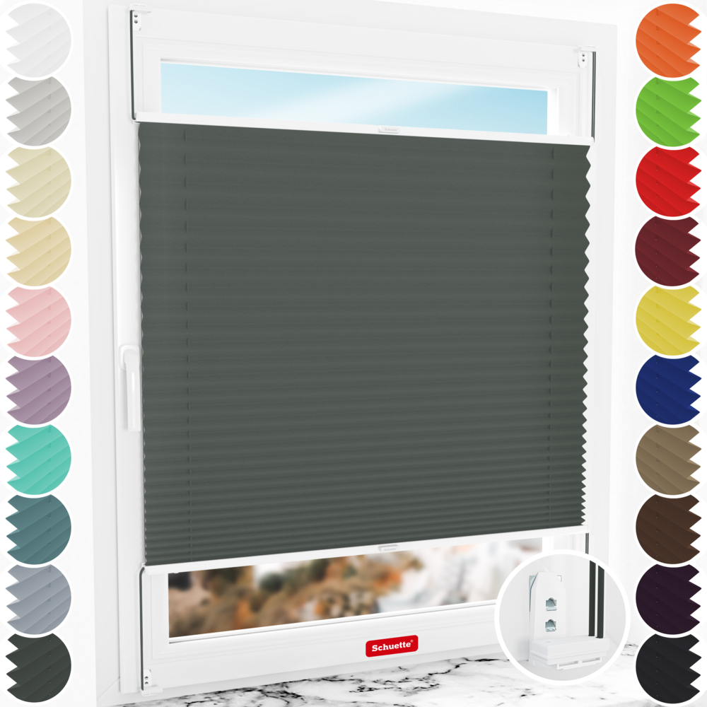 Schuette® Plissee mit Bohren nach Maß • Suprafix "Double 2in1" Schraub- & Klemmhalter • Thermo Kollektion: Before Storm (Grau) • Profilfarbe: Weiß