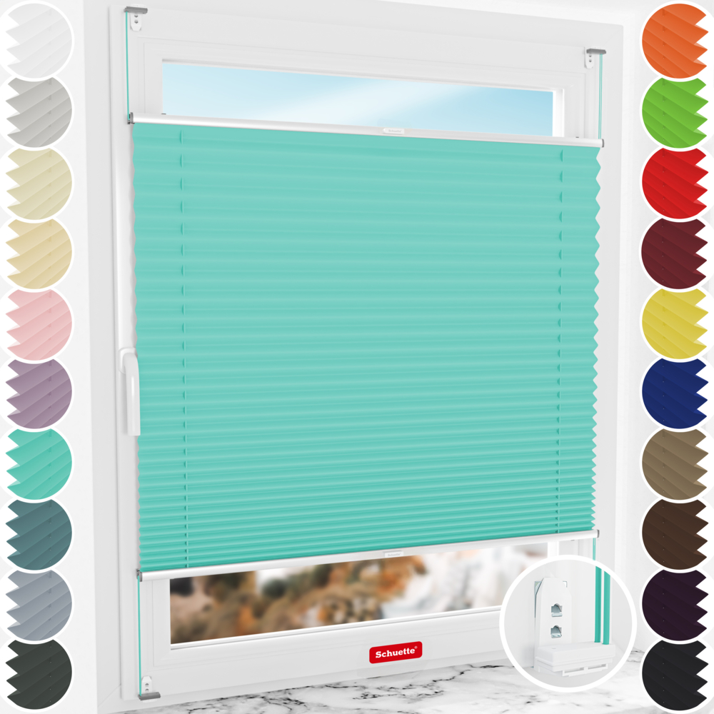 Schuette® Plissee mit Bohren nach Maß • Suprafix "Double 2in1" Schraub- & Klemmhalter • Thermo Kollektion: Tide Tune (Türkis) • Profilfarbe: Silber