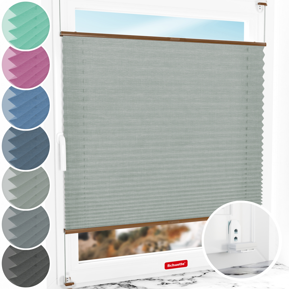 Schuette® Plissee mit Bohren nach Maß • Suprafix "Double 2in1" Schraub- & Klemmhalter • Melange Kollektion: On The Road (Grau) • Profilfarbe: Eiche