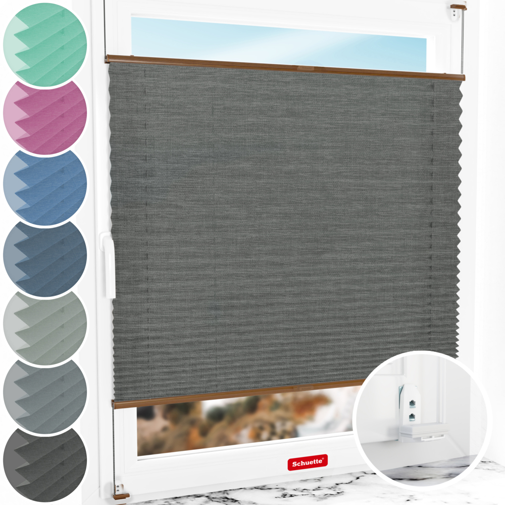 Schuette® Plissee mit Bohren nach Maß • Suprafix "Double 2in1" Schraub- & Klemmhalter • Melange Kollektion: Black Pearl (Schwarz) • Profilfarbe: Eiche