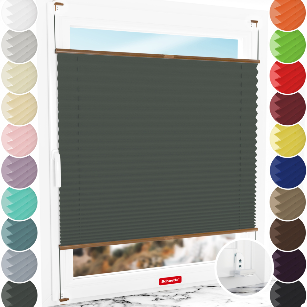 Schuette® Plissee mit Bohren nach Maß • Suprafix "Double 2in1" Schraub- & Klemmhalter • Thermo Kollektion: Before Storm (Grau) • Profilfarbe: Eiche