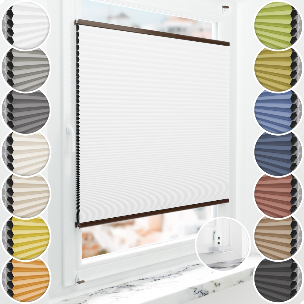 Schuette® Wabenplissee mit Bohren nach Maß • Suprafix "Double 2in1" Schraub- & Klemmhalter • Honey Kollektion: Moonlight (Weiß) • Profilfarbe: Braun