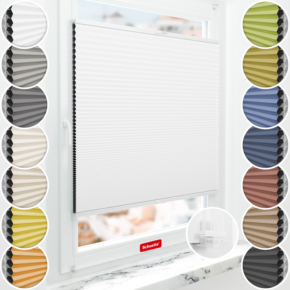 Schuette® Wabenplissee ohne Bohren nach Maß • Suprafix Klemmhalter “Incognito X" • Honey Kollektion: Moonlight (Weiß) • Profilfarbe: Weiß