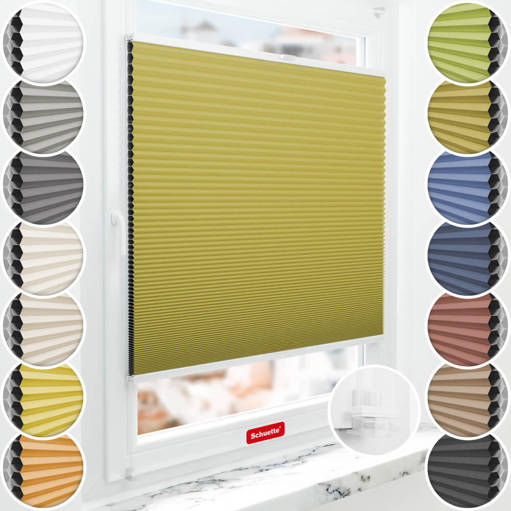 Schuette® Wabenplissee ohne Bohren nach Maß • Suprafix Klemmhalter “Incognito X" • Honey Kollektion: Olive Branch (Olivgrün) • Profilfarbe: Weiß