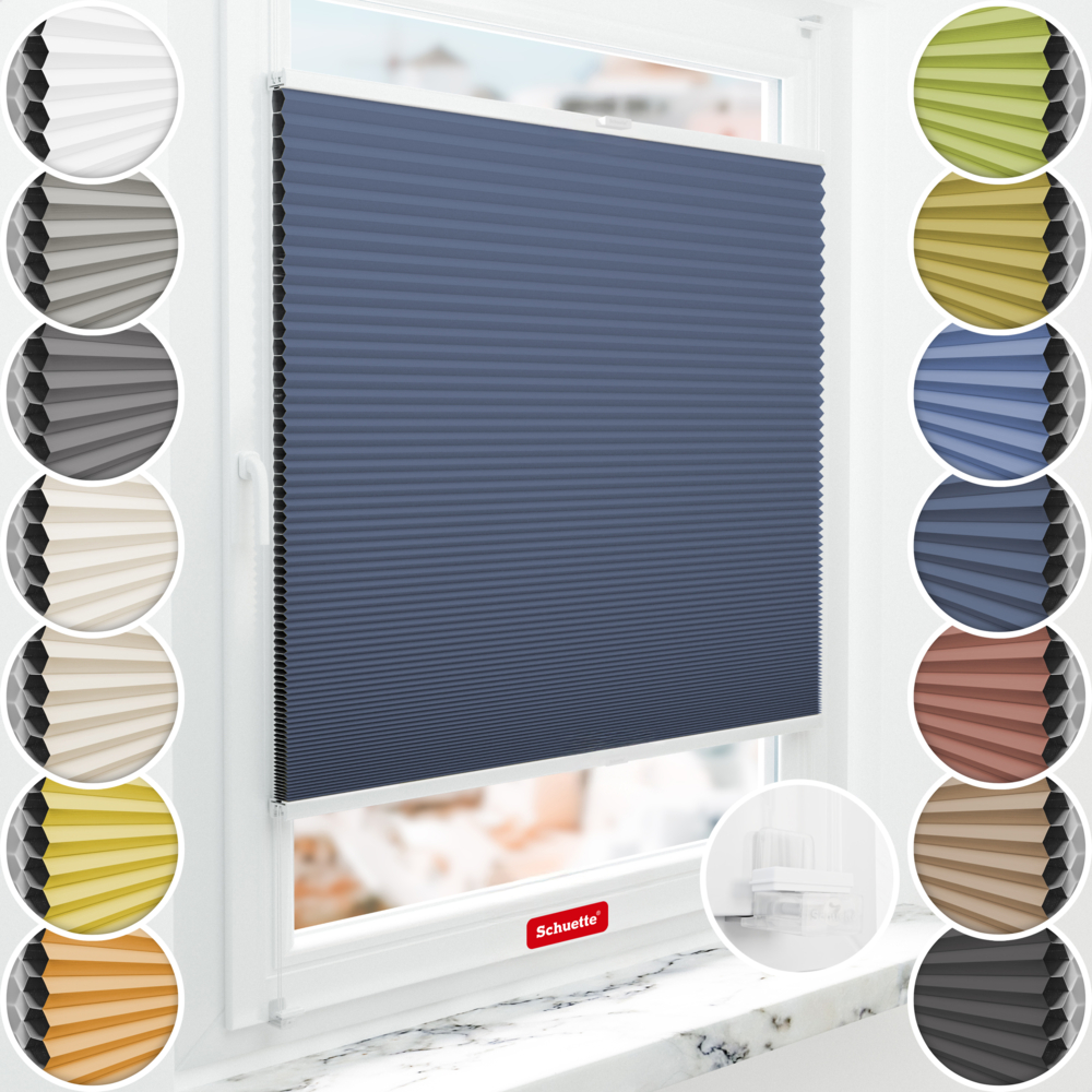Schuette® Wabenplissee ohne Bohren nach Maß • Suprafix Klemmhalter “Incognito X" • Honey Kollektion: Arctic Ocean (Dunkelblau) • Profilfarbe: Weiß