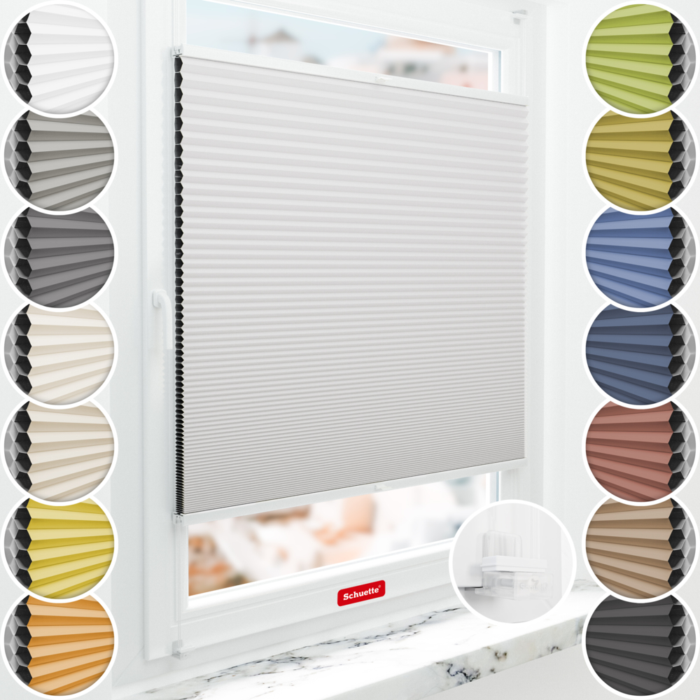 Schuette® Wabenplissee ohne Bohren nach Maß • Suprafix Klemmhalter “Incognito X" • Honey Kollektion: Gray-zy in Love (Pastellgrau) • Profilfarbe: Weiß