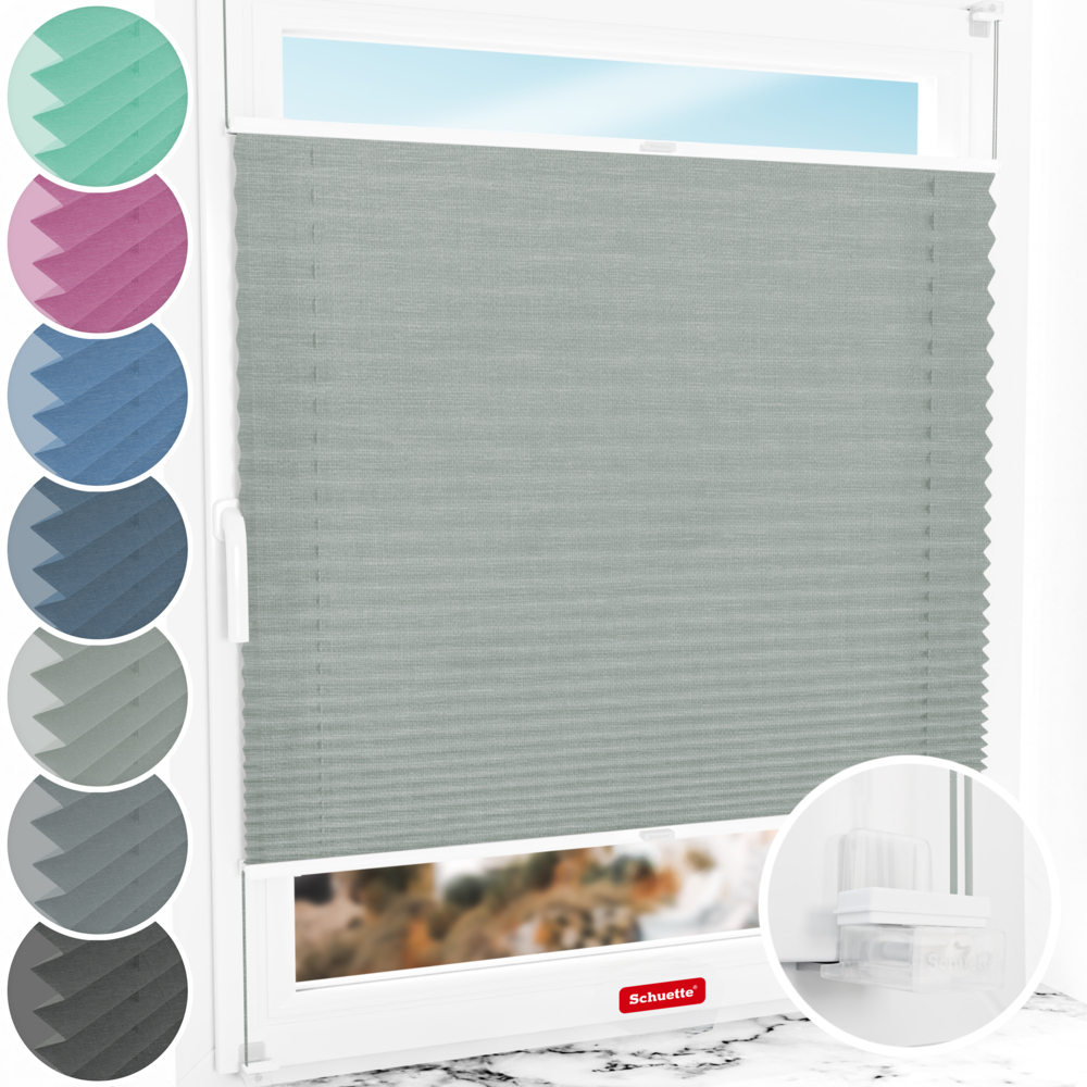 Schuette® Plissee ohne Bohren nach Maß • Suprafix Klemmhalter “Incognito X" • Melange Kollektion: On The Road (Grau) • Profilfarbe: Weiß