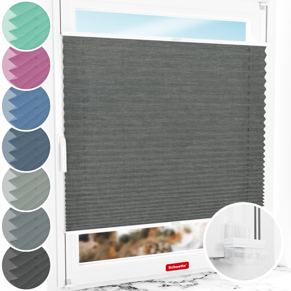 Schuette® Plissee ohne Bohren nach Maß • Suprafix Klemmhalter “Incognito X" • Melange Kollektion: Black Pearl (Schwarz) • Profilfarbe: Weiß