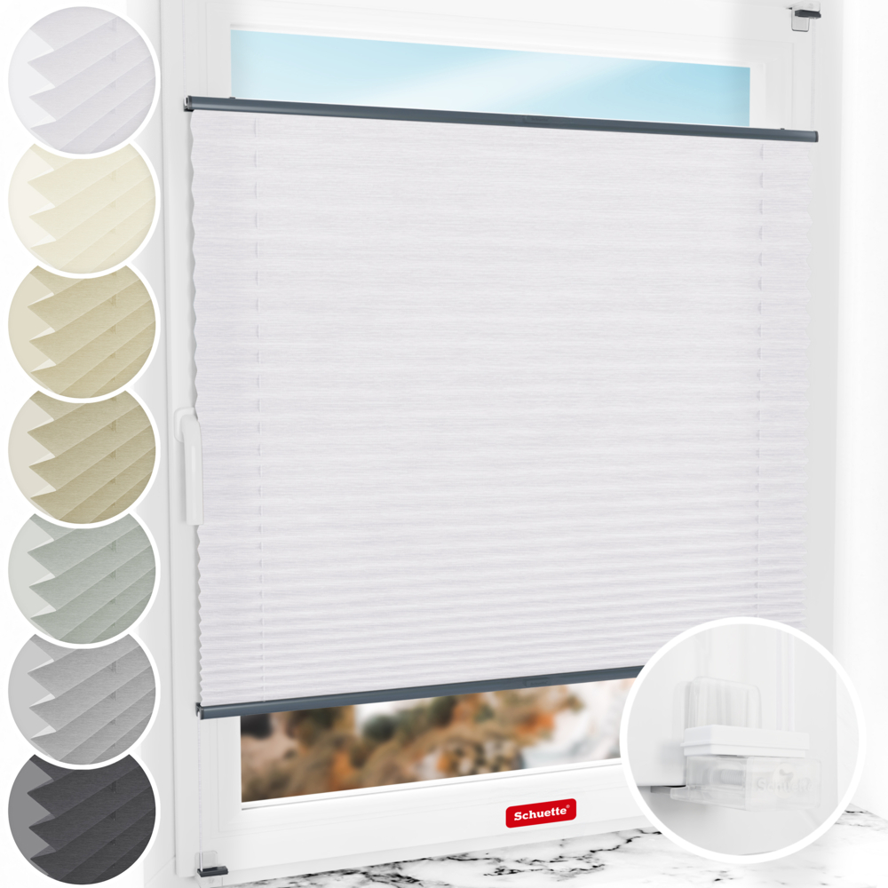 Schuette® Plissee ohne Bohren nach Maß • Suprafix Klemmhalter “Incognito X" • Dolomite Kollektion: Cold Morning (Grau) • Profilfarbe: Anthrazit