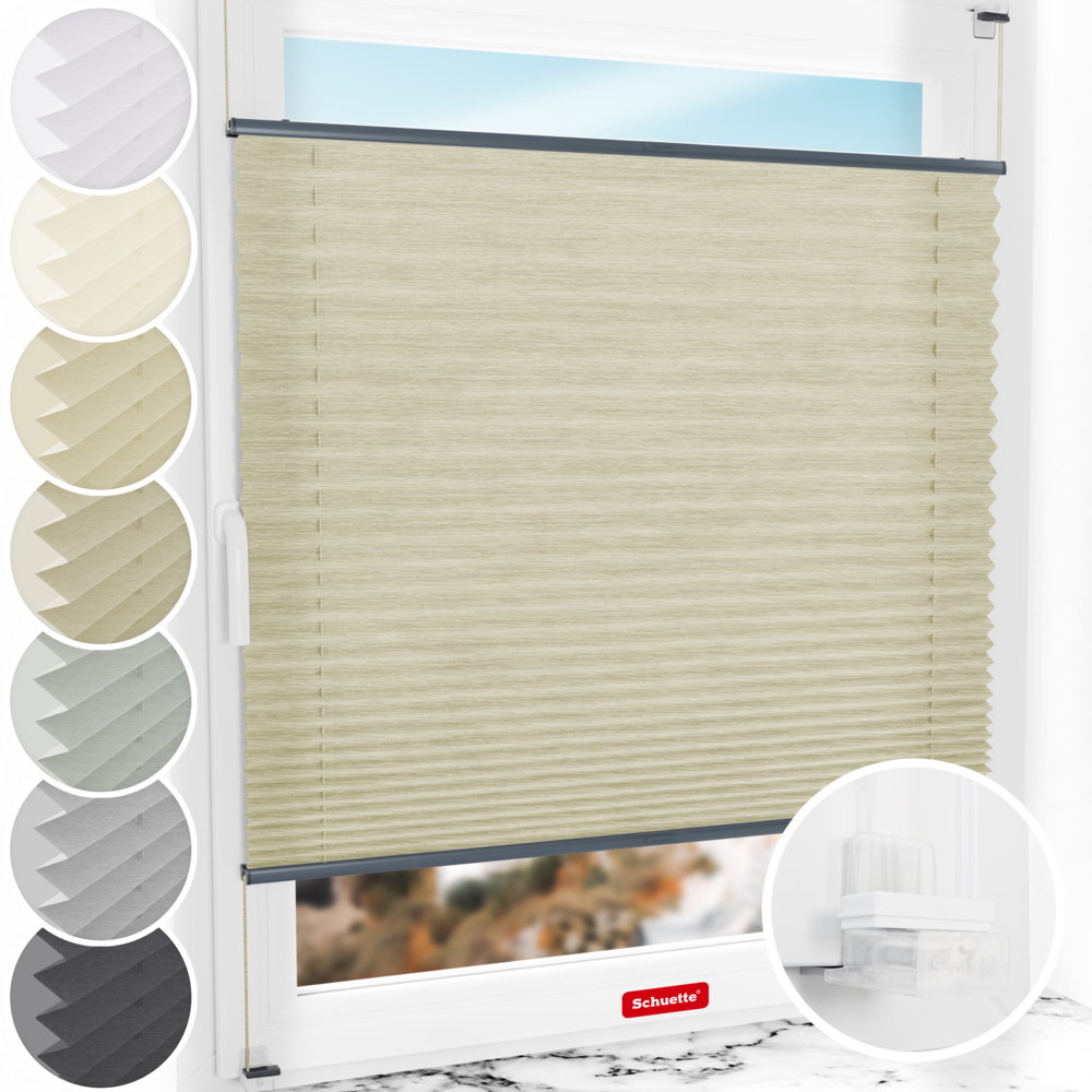 Schuette® Plissee ohne Bohren nach Maß • Suprafix Klemmhalter “Incognito X" • Dolomite Kollektion: Light Coffee (Beige) • Profilfarbe: Anthrazit