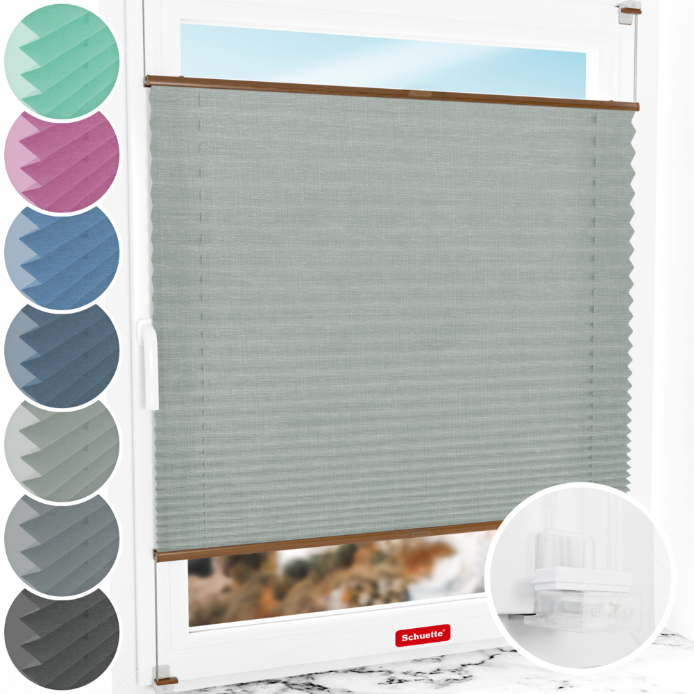Schuette® Plissee ohne Bohren nach Maß • Suprafix Klemmhalter “Incognito X" • Melange Kollektion: On The Road (Grau) • Profilfarbe: Eiche