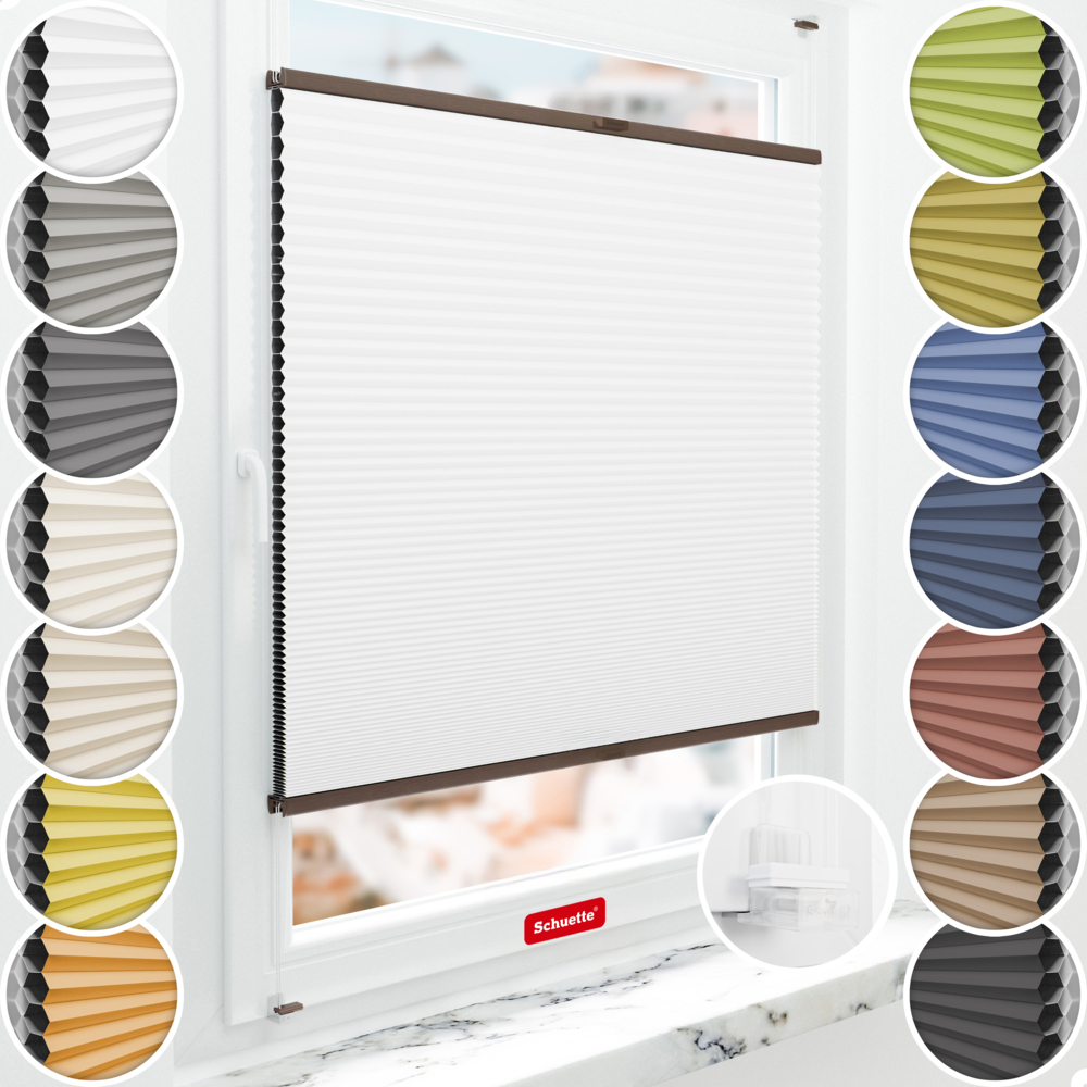 Schuette® Wabenplissee ohne Bohren nach Maß • Suprafix Klemmhalter “Incognito X" • Honey Kollektion: Moonlight (Weiß) • Profilfarbe: Walnuss