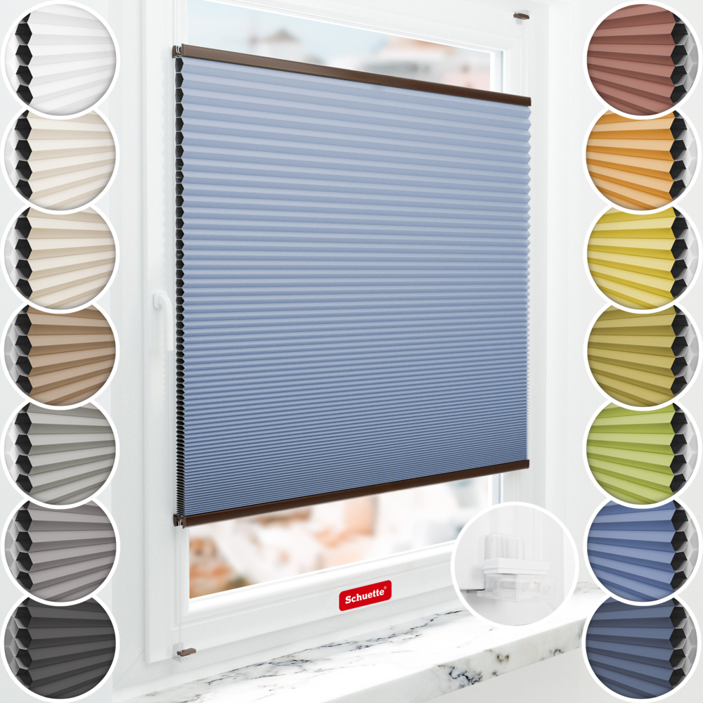 Schuette® Wabenplissee ohne Bohren nach Maß • Suprafix Klemmhalter “Incognito X" • Honey Kollektion: Ocean Drive (Hellblau) • Profilfarbe: Walnuss