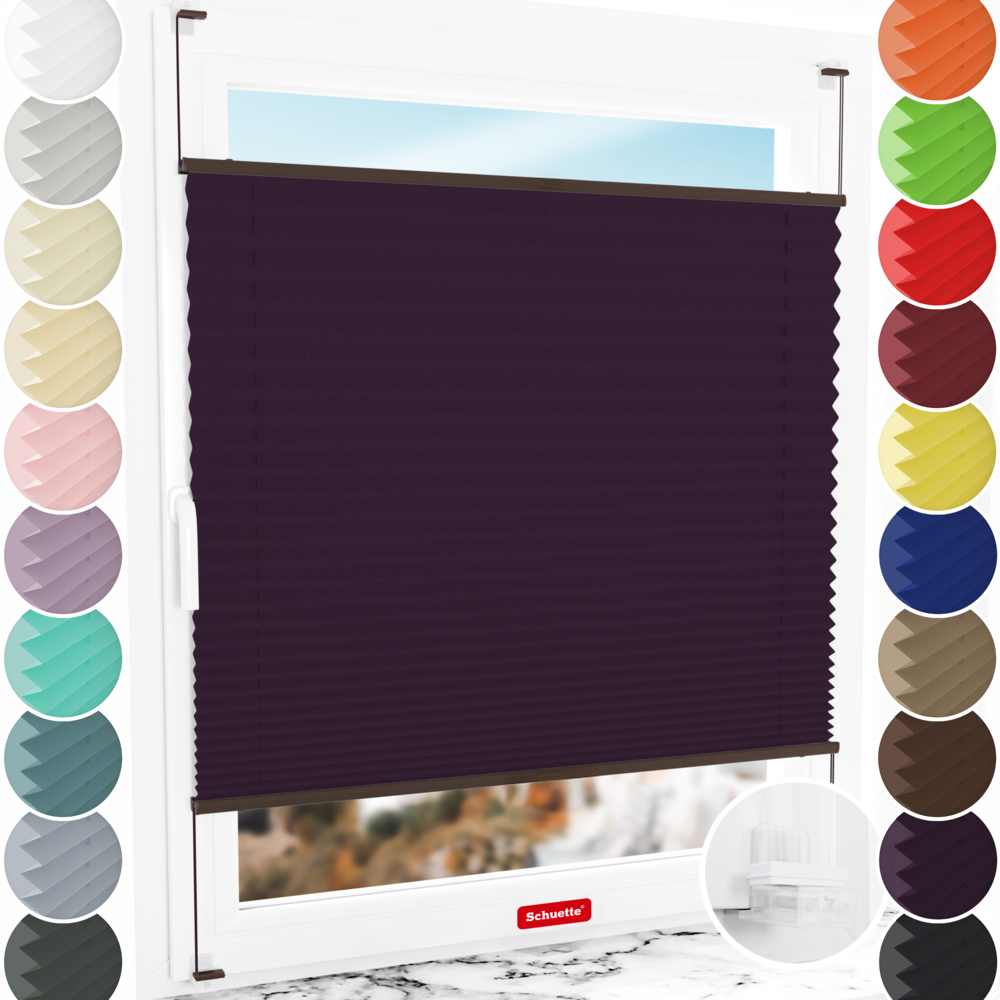 Schuette® Plissee ohne Bohren nach Maß • Suprafix Klemmhalter “Incognito X" • Thermo Kollektion: Violet Paradise (Violett) • Profilfarbe: Walnuss