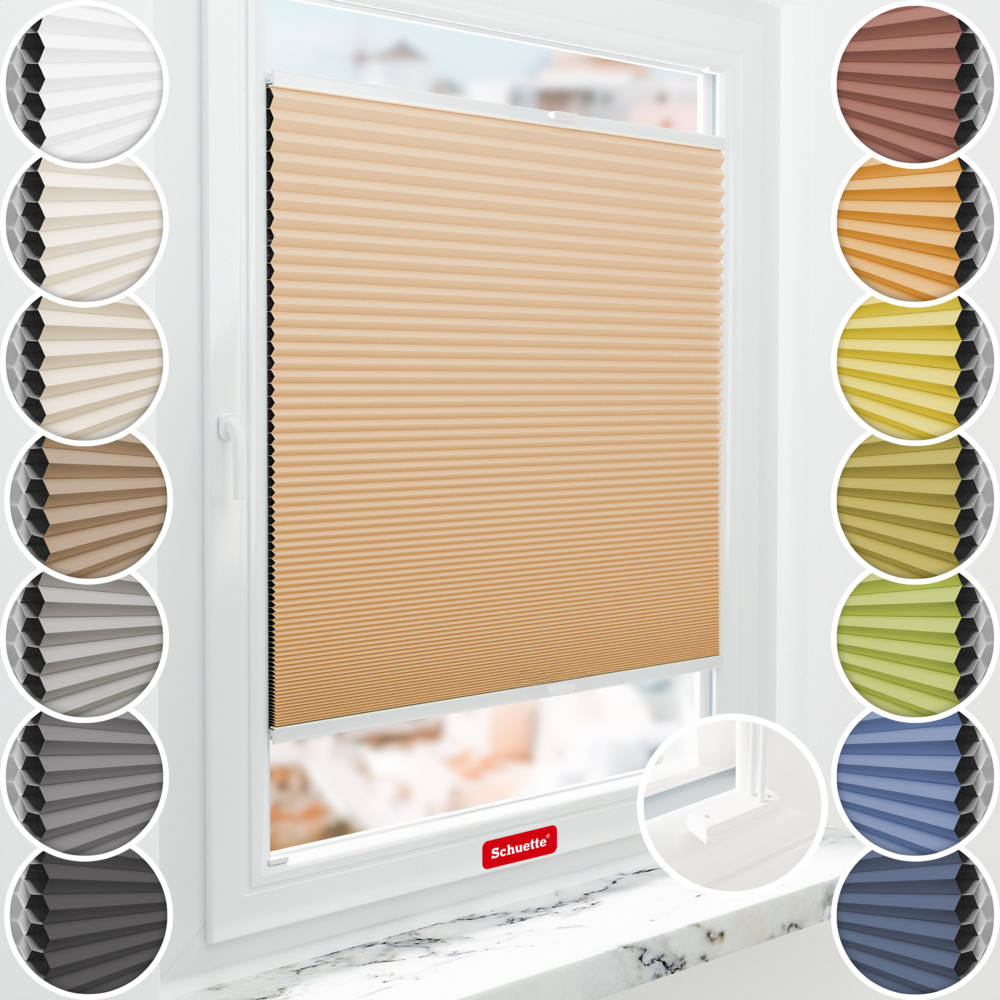 Estores térmicos opacos de nido de abeja Schuette instalados en la ventana con tornillos