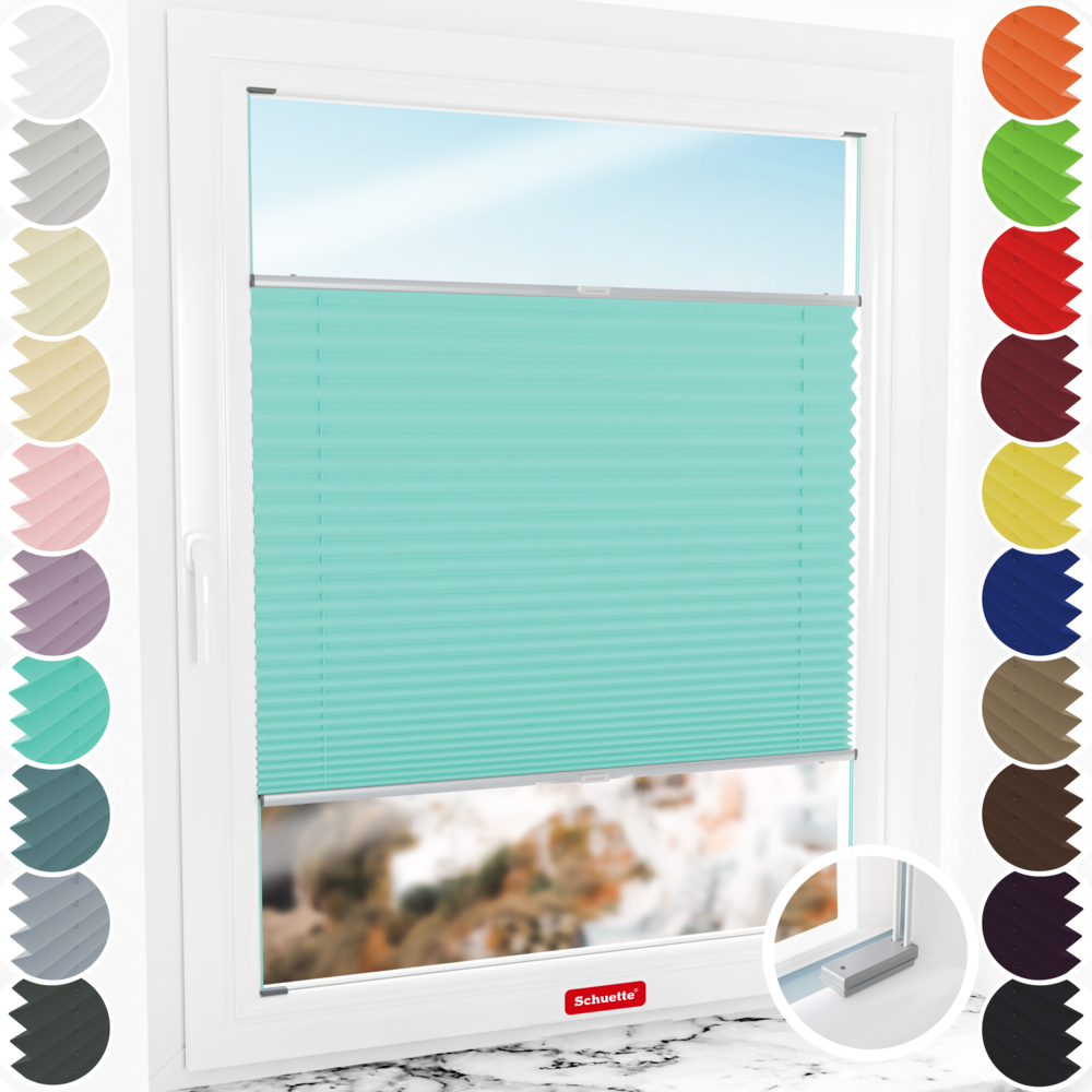 Schuette® Plissee mit Bohren nach Maß • Suprafix Halterungen “Mit Bohren” • Thermo Kollektion: Tide Tune (Türkis) • Profilfarbe: Silber