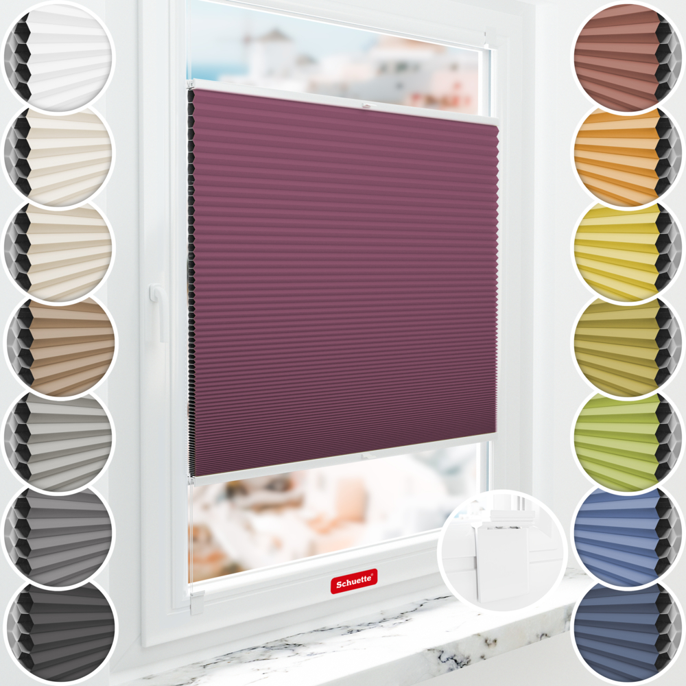 Schuette® Wabenplissee ohne Bohren nach Maß • Klebehalter & Schraubhalter 2in1 Set "Letsbond" Transparent • Honey Kollektion: Red Velvet (Purpurrot) • Profilfarbe: Weiß