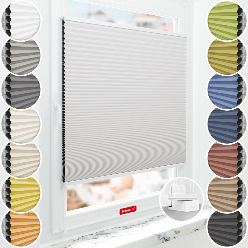 Schuette® Wabenplissee ohne Bohren nach Maß • Suprafix Klemmhalter "X" • Honey Kollektion: Gray-zy in Love (Pastellgrau) • Profilfarbe: Weiß