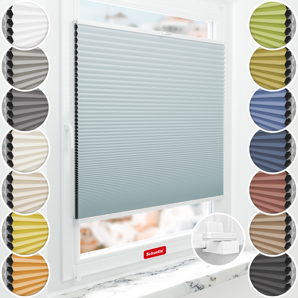 Schuette® Wabenplissee ohne Bohren nach Maß • Suprafix Klemmhalter "X" • Honey Kollektion: Cloud Nine (Pastellblau) • Profilfarbe: Weiß