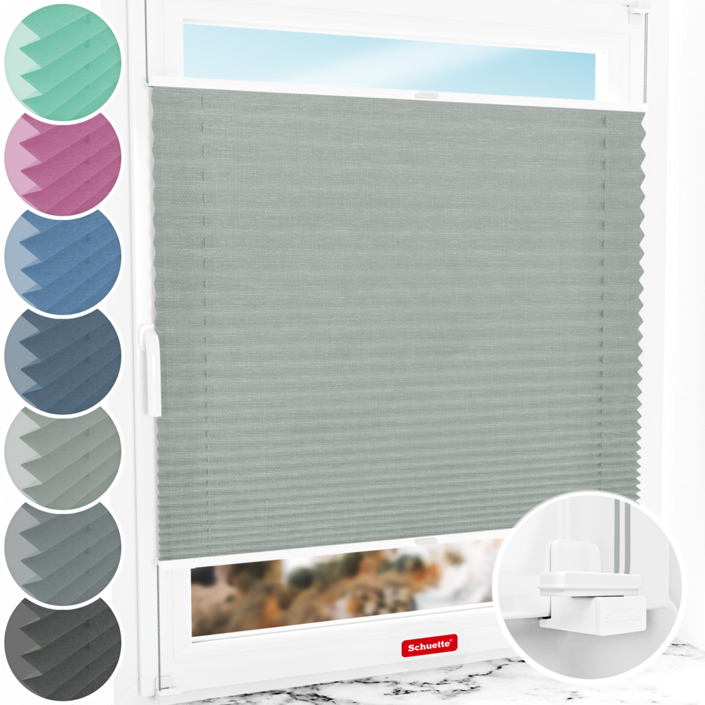 Schuette® Plissee ohne Bohren nach Maß • Suprafix Klemmhalter "X" • Melange Kollektion: On The Road (Grau) • Profilfarbe: Weiß