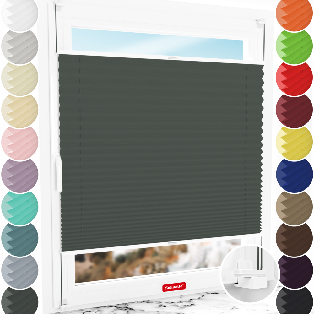 Schuette® Plissee ohne Bohren nach Maß • Suprafix Klemmhalter "X" • Thermo Kollektion: Before Storm (Grau) • Profilfarbe: Weiß