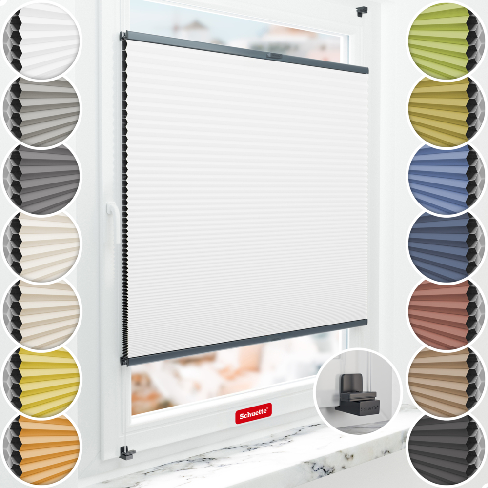 Schuette® Wabenplissee ohne Bohren nach Maß • Suprafix Klemmhalter "X" • Honey Kollektion: Moonlight (Weiß) • Profilfarbe: Anthrazit