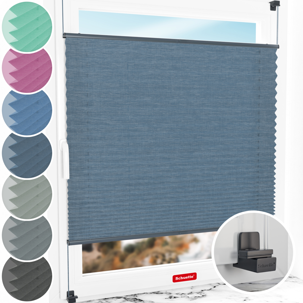 Schuette® Plissee ohne Bohren nach Maß • Suprafix Klemmhalter "X" • Melange Kollektion: After Rain (Blau) • Profilfarbe: Anthrazit