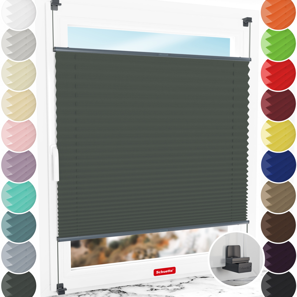 Schuette® Plissee ohne Bohren nach Maß • Suprafix Klemmhalter "X" • Thermo Kollektion: Before Storm (Grau) • Profilfarbe: Anthrazit
