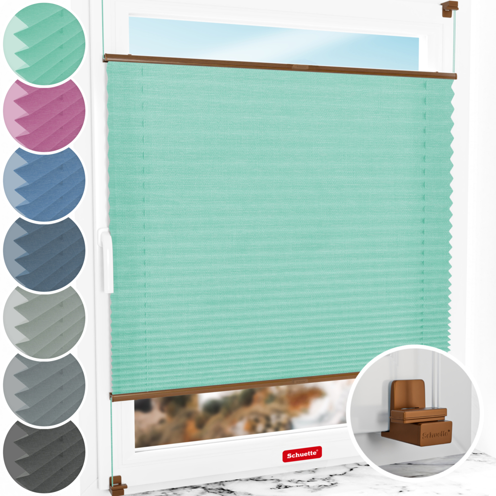 Schuette® Plissee ohne Bohren nach Maß • Suprafix Klemmhalter "X" • Melange Kollektion: Mint Ice Cream (Grün) • Profilfarbe: Eiche