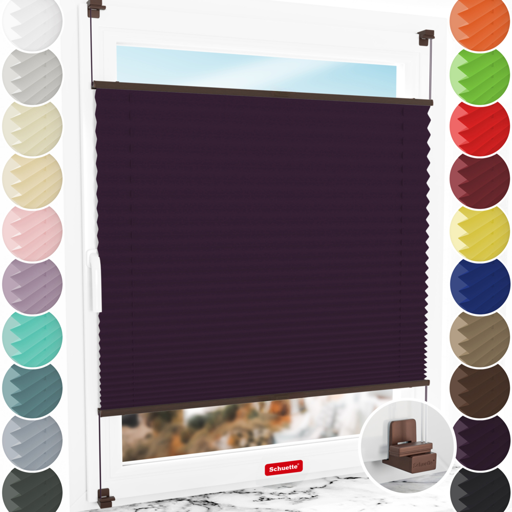 Schuette® Plissee ohne Bohren nach Maß • Suprafix Klemmhalter "X" • Thermo Kollektion: Violet Paradise (Violett) • Profilfarbe: Walnuss