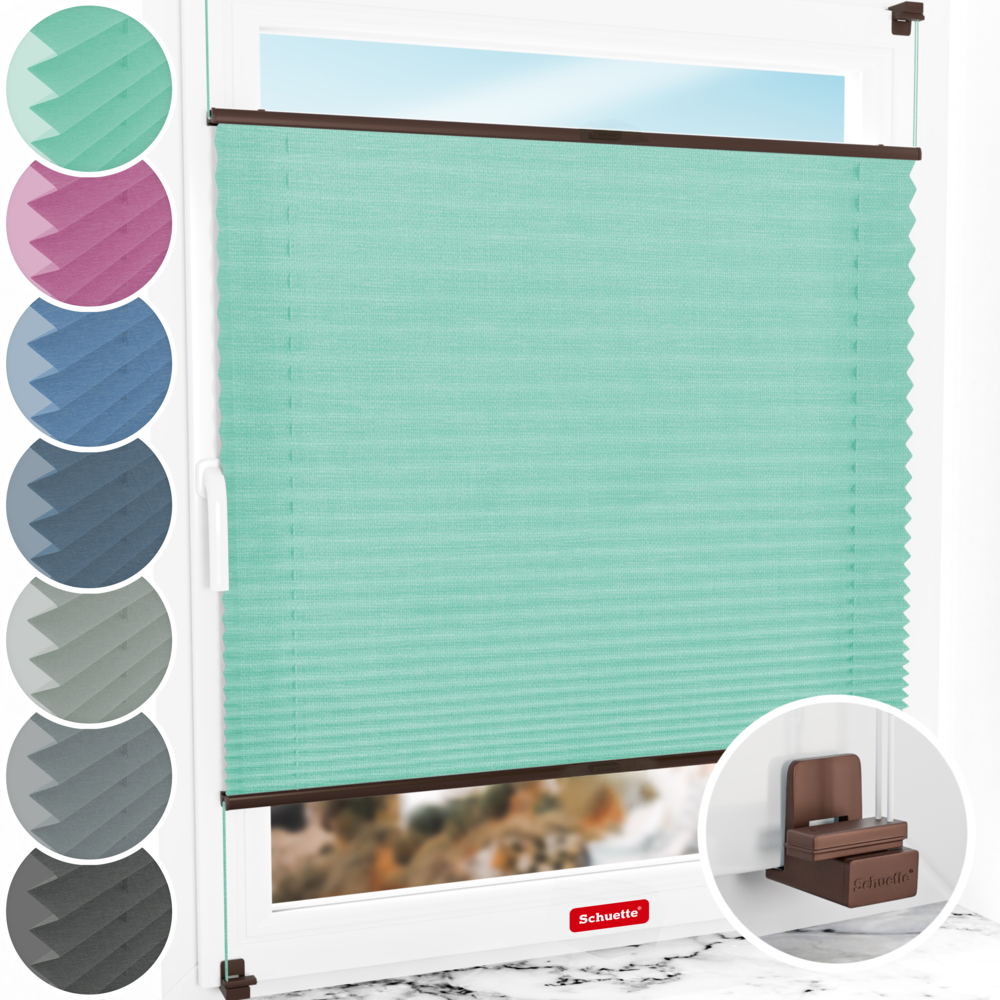 Schuette® Plissee ohne Bohren nach Maß • Suprafix Klemmhalter "X" • Melange Kollektion: Mint Ice Cream (Grün) • Profilfarbe: Braun