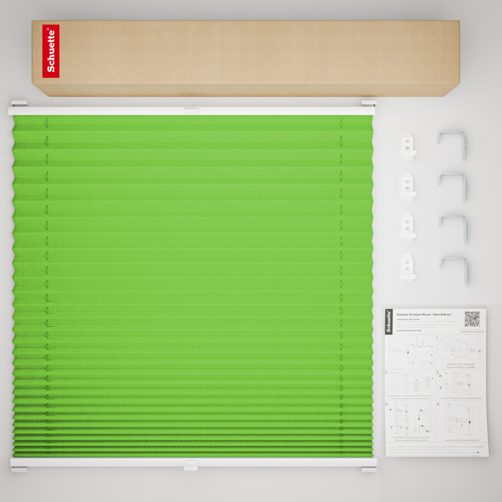 Schuette® Plissee mit Bohren nach Maß • Suprafix "Double 2in1" Schraub- & Klemmhalter • Thermo Kollektion: Leaf Joy (Grün) • Profilfarbe: Weiß