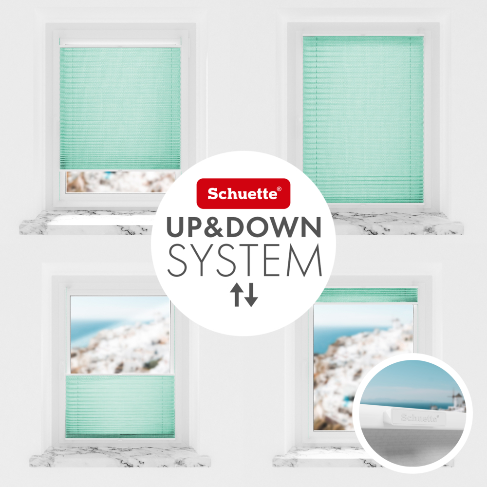 Schuette® Plissee mit Bohren nach Maß • Suprafix "Double 2in1" Schraub- & Klemmhalter • Melange Kollektion: Mint Ice Cream (Grün) • Profilfarbe: Braun