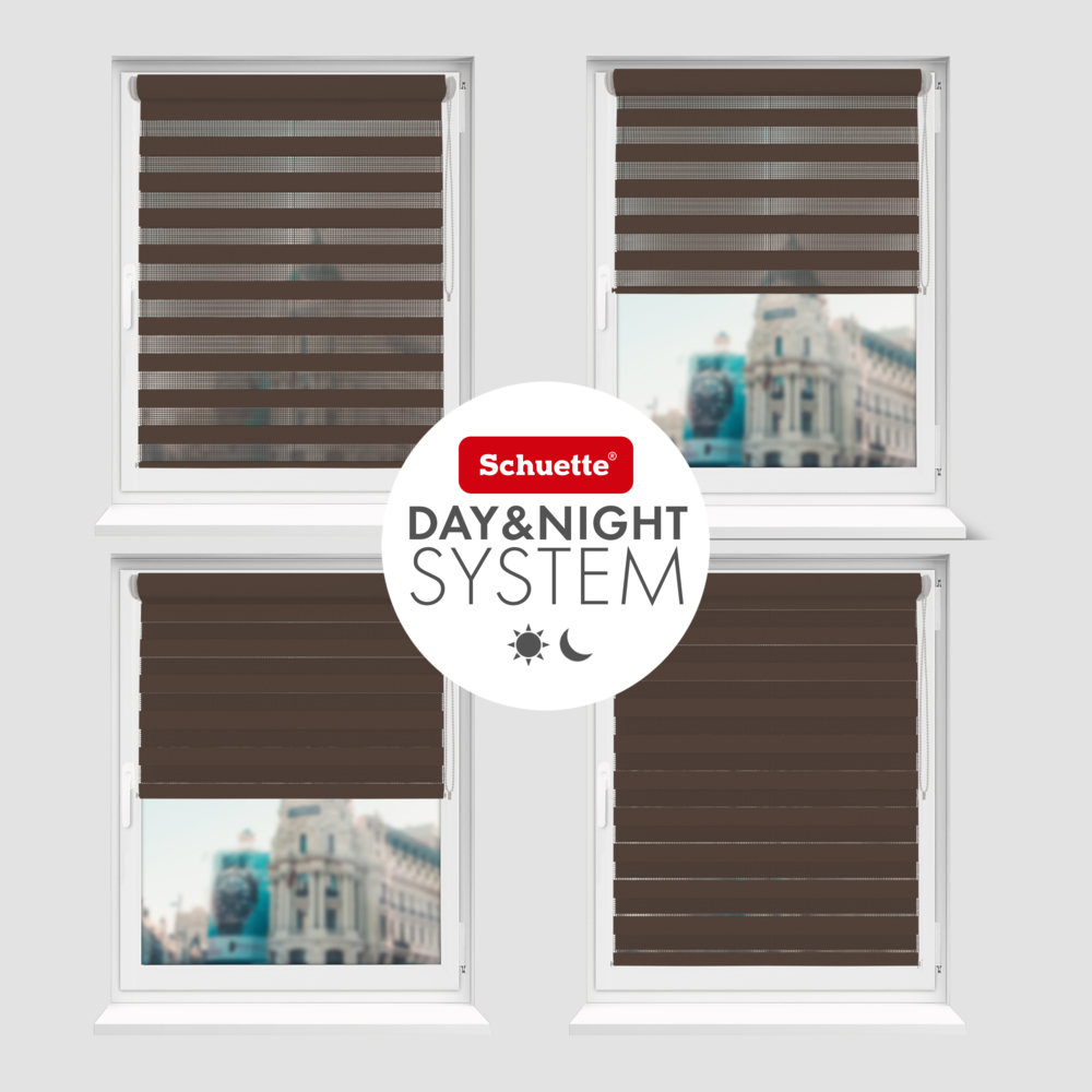 Schuette® Tag und Nacht Rollo ohne Bohren & mit Bohren 2in1 nach Maß • Doppelrollo Kollektion: Dark Cocoa (Braun) • Profilfarbe: Weiß