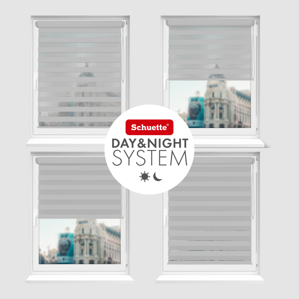 Schuette® Tag und Nacht Rollo ohne Bohren & mit Bohren 2in1 nach Maß • Doppelrollo Kollektion: Cloudy Day (Grau) • Profilfarbe: Braun