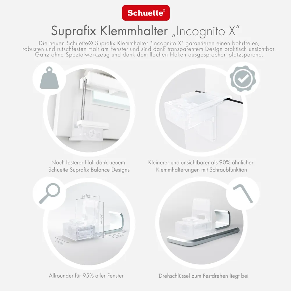 Schuette® Suprafix Plissee Klemmhalter ohne Bohren (Klemmfix 2.0) ● 4 Stück ● Incognito X (Transparent)