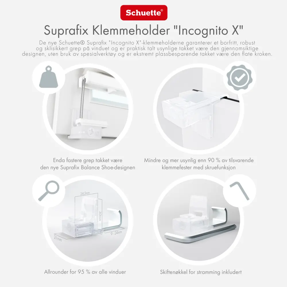 Schuette® Suprafix Plissee Klemmhalter ohne Bohren (Klemmfix 2.0) ● 4 Stück Set ● Incognito (Transparent)