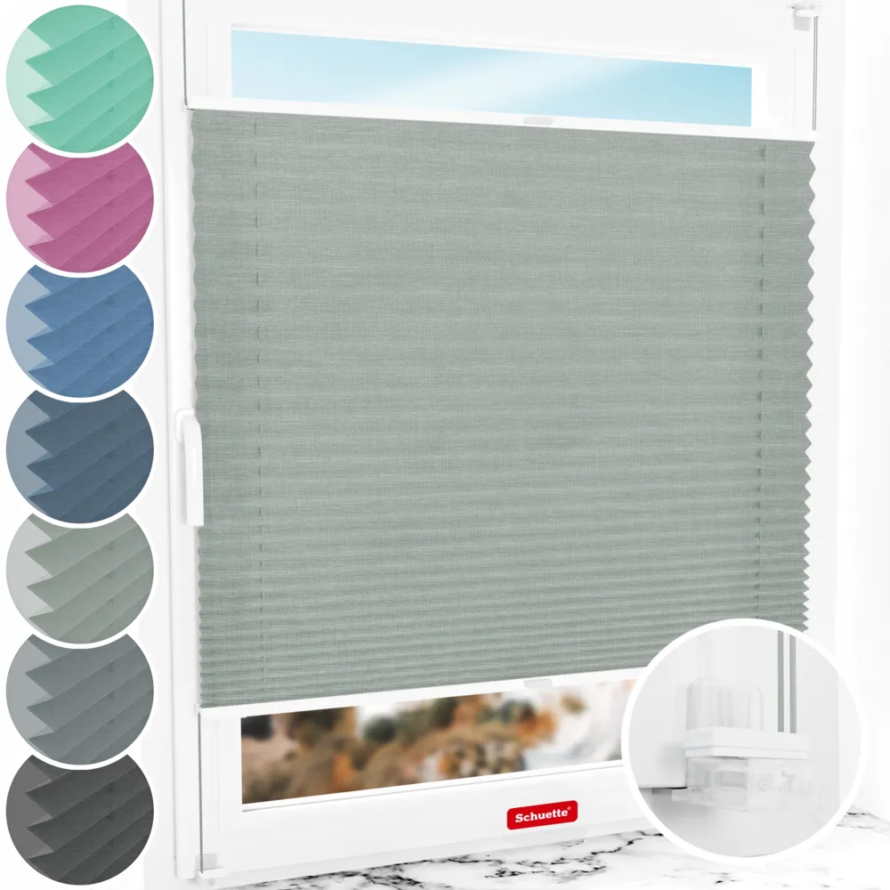 Schuette® Plissee ohne Bohren nach Maß • Suprafix Klemmhalter “Incognito X" • Melange Kollektion: On The Road (Grau) • Profilfarbe: Weiß