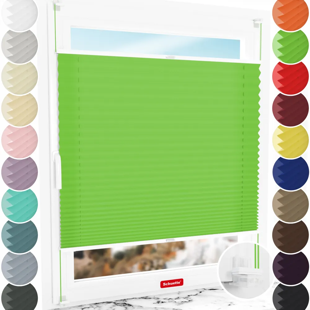 Schuette® Plissee ohne Bohren nach Maß • Suprafix Klemmhalter “Incognito X" • Premium Kollektion: Green Meadow (Grün) • Profilfarbe: Weiß