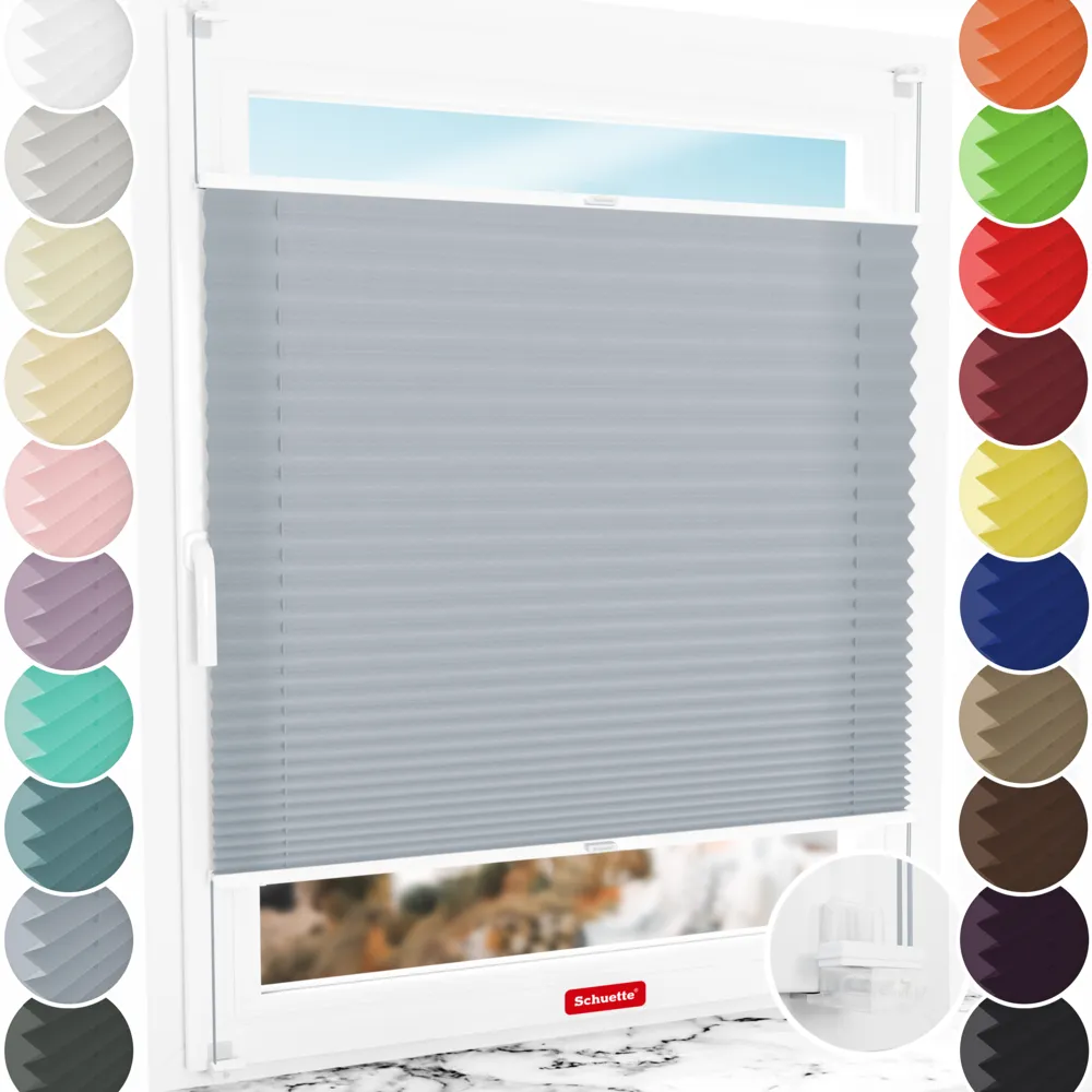 Schuette® Plissee ohne Bohren nach Maß • Suprafix Klemmhalter “Incognito X" • Premium Kollektion: Silver Sonata (Grau) • Profilfarbe: Weiß